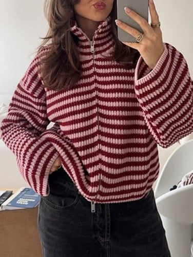 Ribbed Stripe Funnel Neck Zip Knit Cardigan - Red