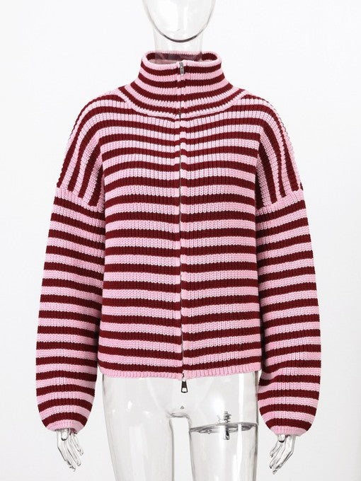 Ribbed Stripe Funnel Neck Zip Knit Cardigan - Red - 1