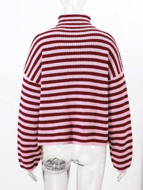 Ribbed Stripe Funnel Neck Zip Knit Cardigan - Red - 2