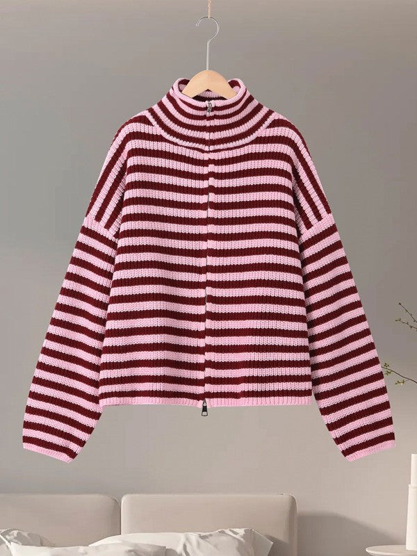 Ribbed Stripe Funnel Neck Zip Knit Cardigan - Red - 3