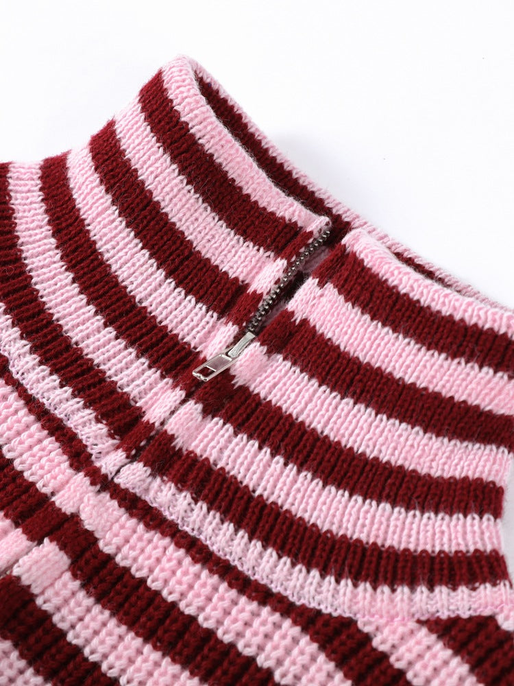 Ribbed Stripe Funnel Neck Zip Knit Cardigan - Red - 4