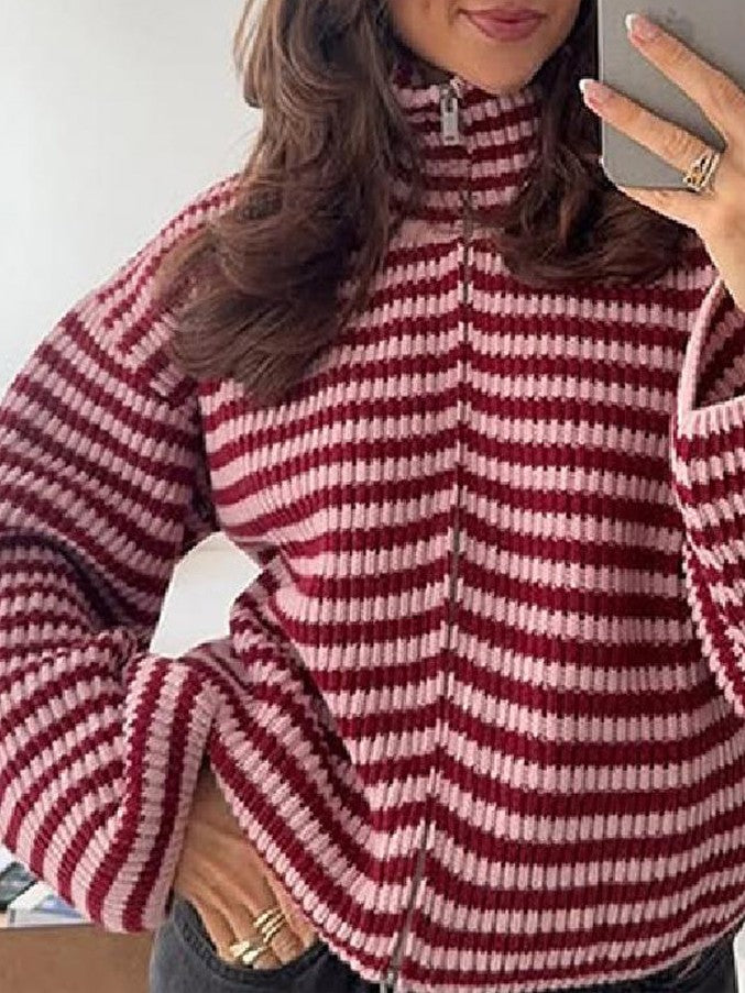 Ribbed Stripe Funnel Neck Zip Knit Cardigan - Red - 5