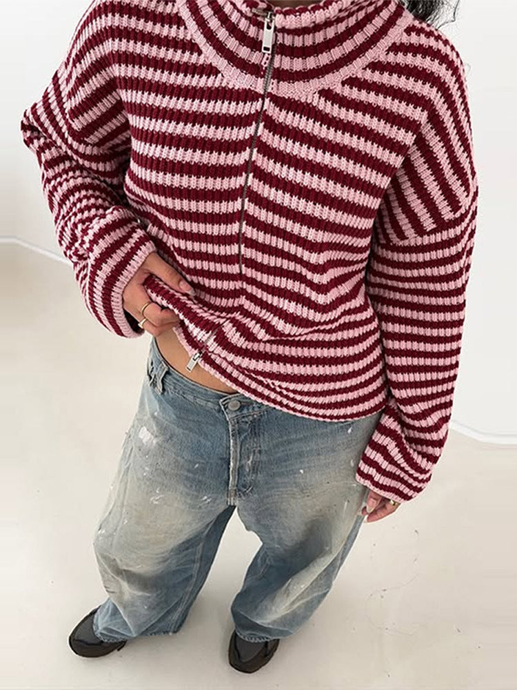 Ribbed Stripe Funnel Neck Zip Knit Cardigan - Red - 7