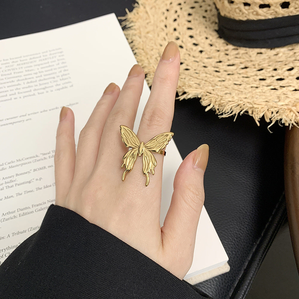 Sculpted Butterfly Adjustable Open Ring - Gold - 2