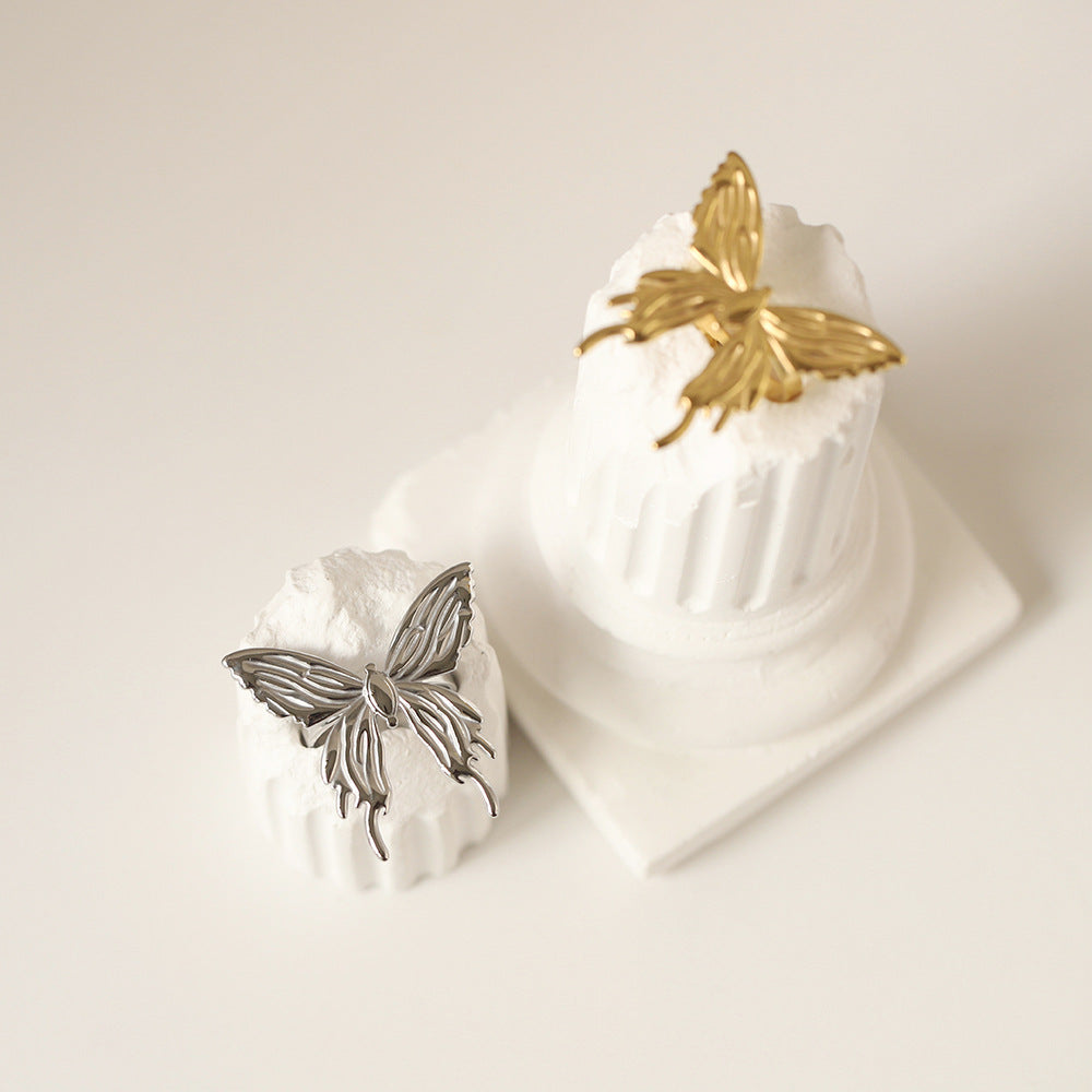 Sculpted Butterfly Adjustable Open Ring - Gold - 3