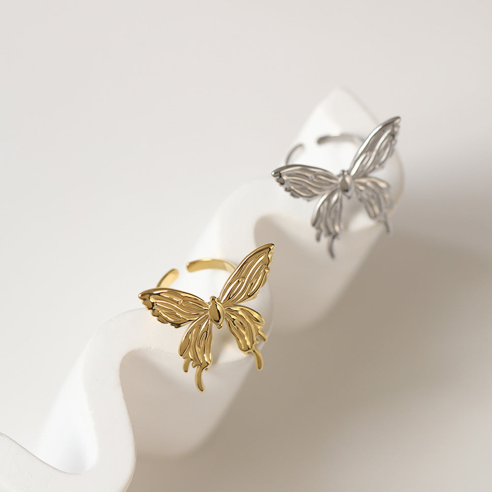 Sculpted Butterfly Adjustable Open Ring - Silvery - 1
