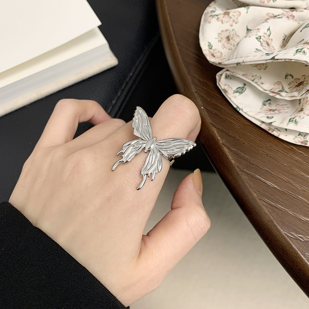 Sculpted Butterfly Adjustable Open Ring - Silvery - 2