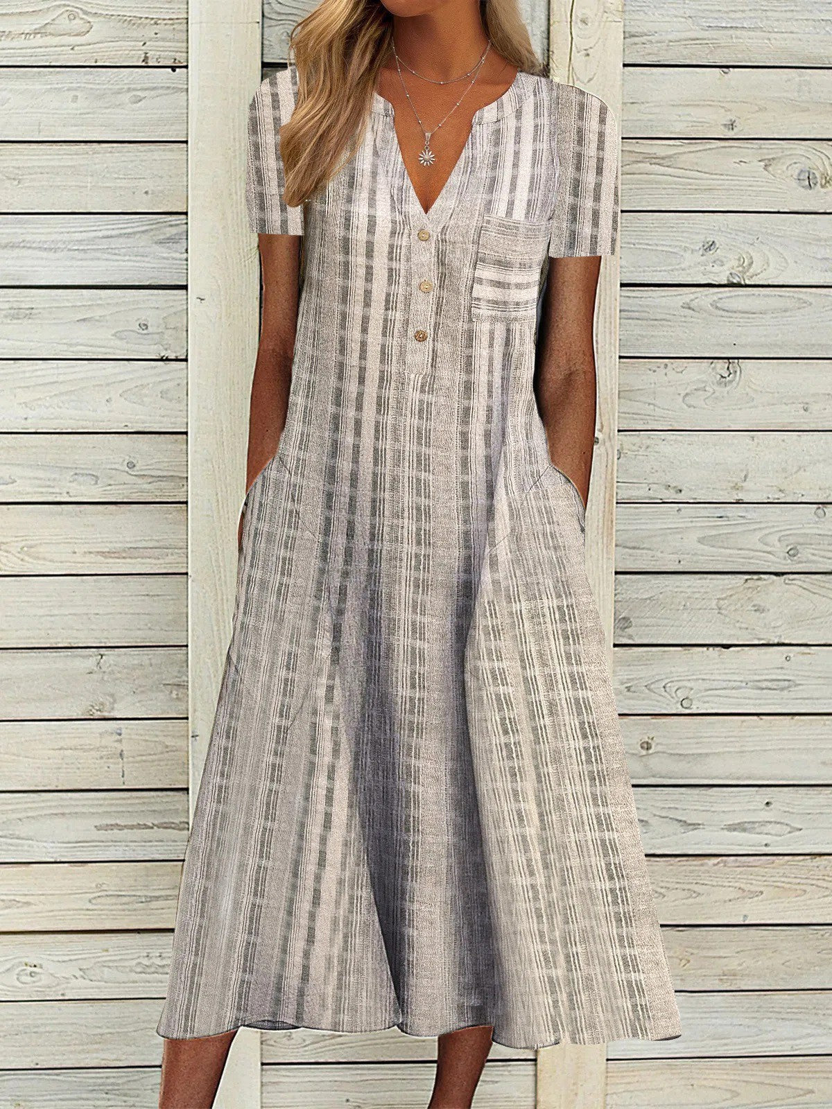 Sleeveless V-Neck Swing Midi Dress With Pockets - Color_12