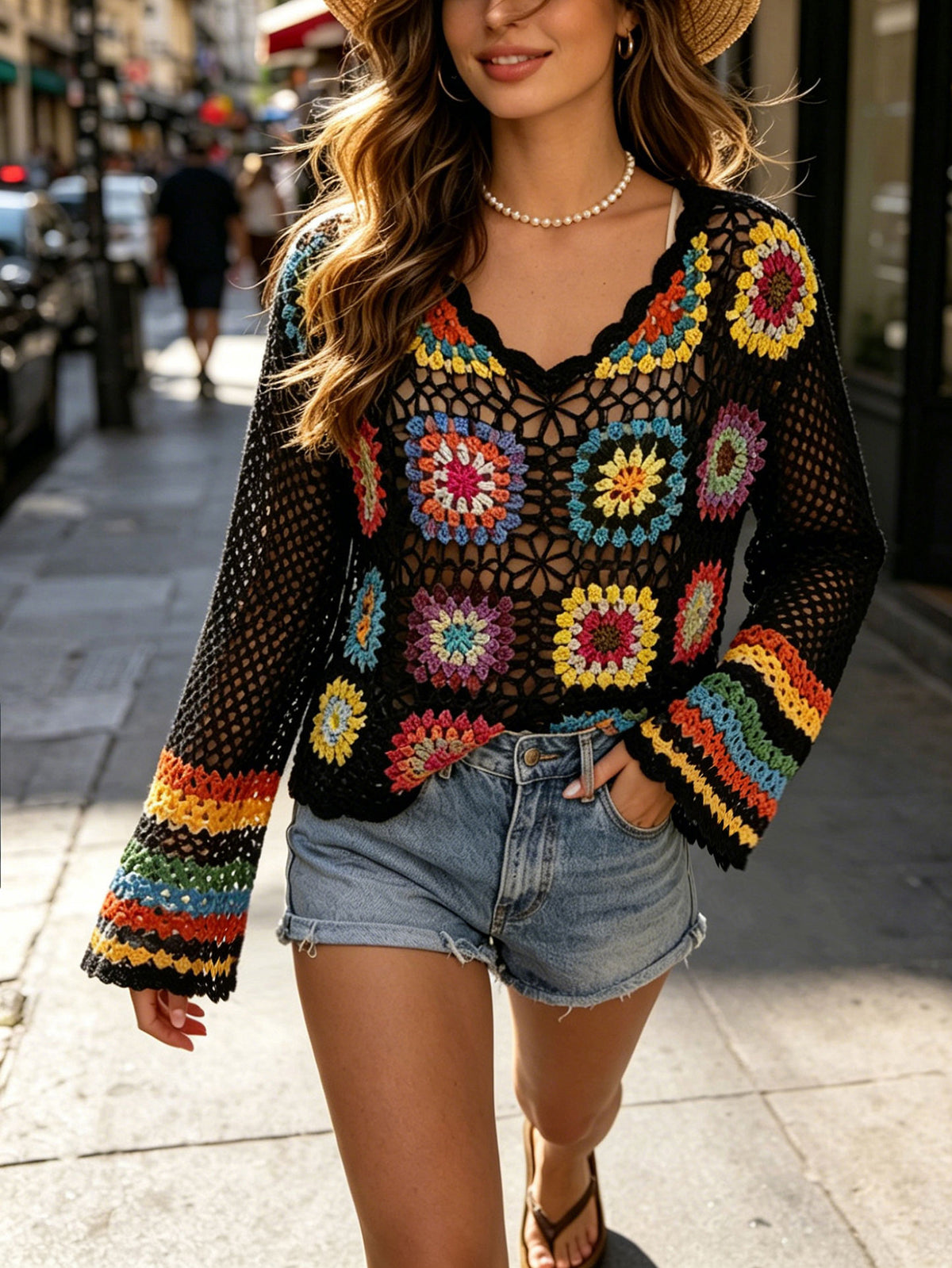 Long Sleeve Crochet Patchwork V Neck Knit Top - Black
