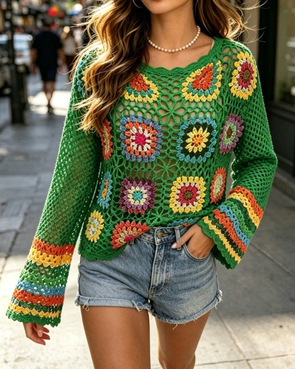 Long Sleeve Crochet Patchwork V Neck Knit Top - Green