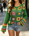 Long Sleeve Crochet Patchwork V Neck Knit Top - Green