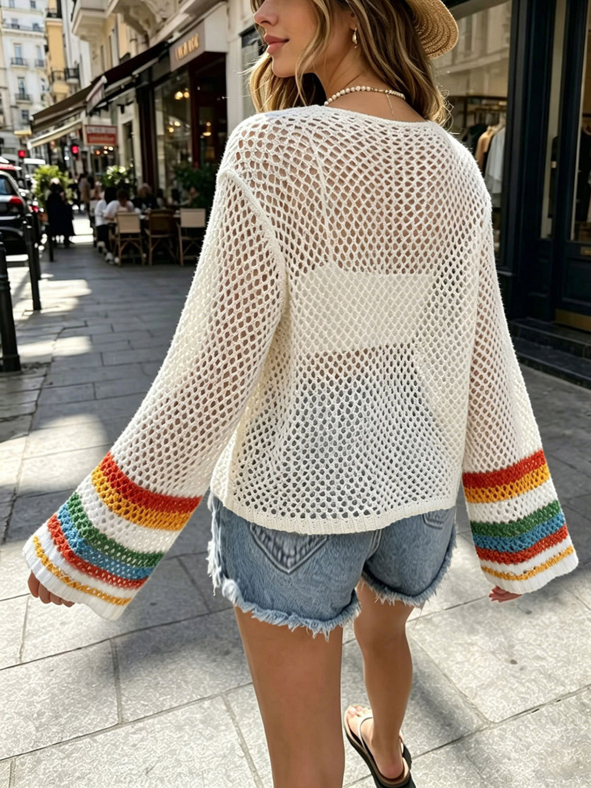 Long Sleeve Crochet Patchwork V Neck Knit Top - White - 1
