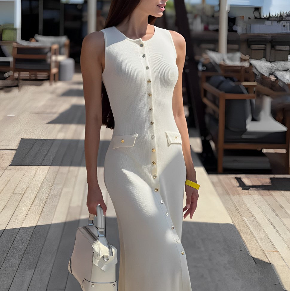 Ribbed Knit Button Down Column Dress - Apricot
