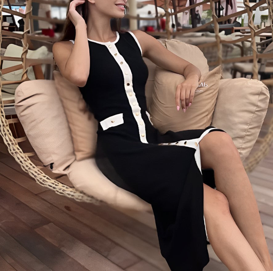 Ribbed Knit Button Down Column Dress - Black