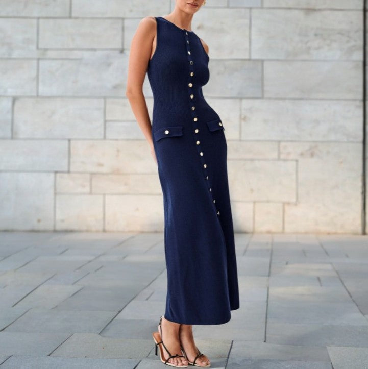 Ribbed Knit Button Down Column Dress - Navyblue