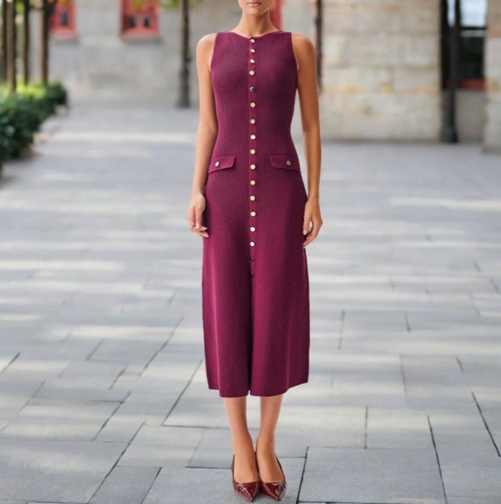 Ribbed Knit Button Down Column Dress - Purple