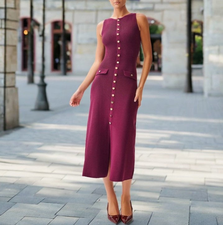 Ribbed Knit Button Down Column Dress - Purple - 1