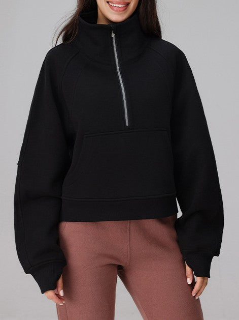 Half Zip Mock Neck Cropped Sweatshirt - Black