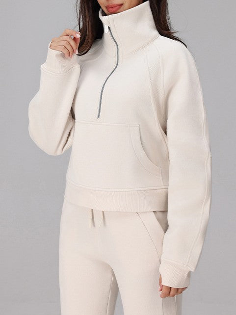 Half Zip Mock Neck Cropped Sweatshirt - White