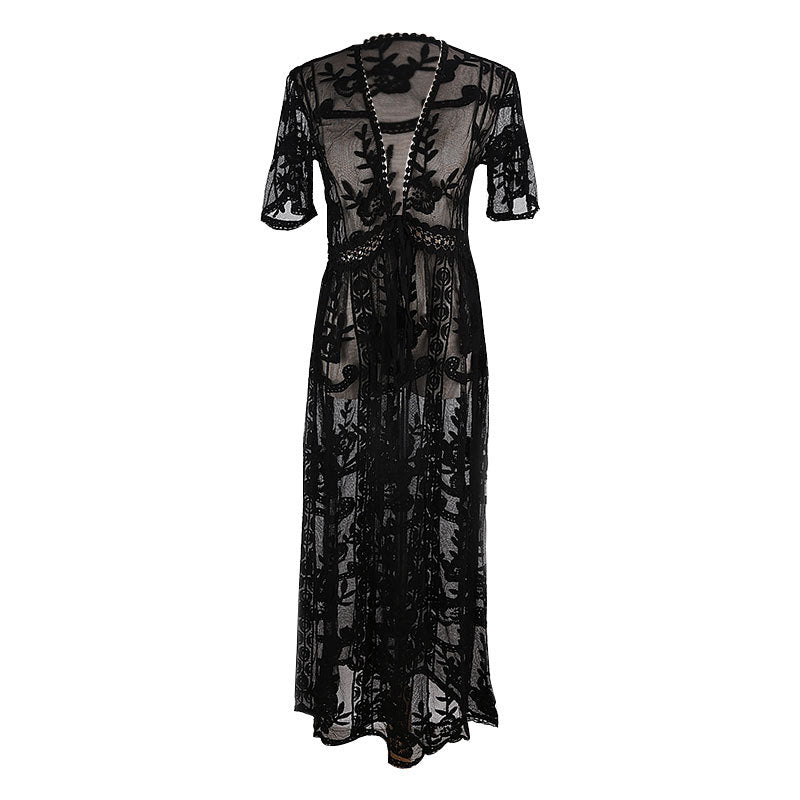 Embroidered Sheer Lace Maxi Duster Cover Up - Black - 3