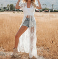 Embroidered Sheer Lace Maxi Duster Cover Up - White