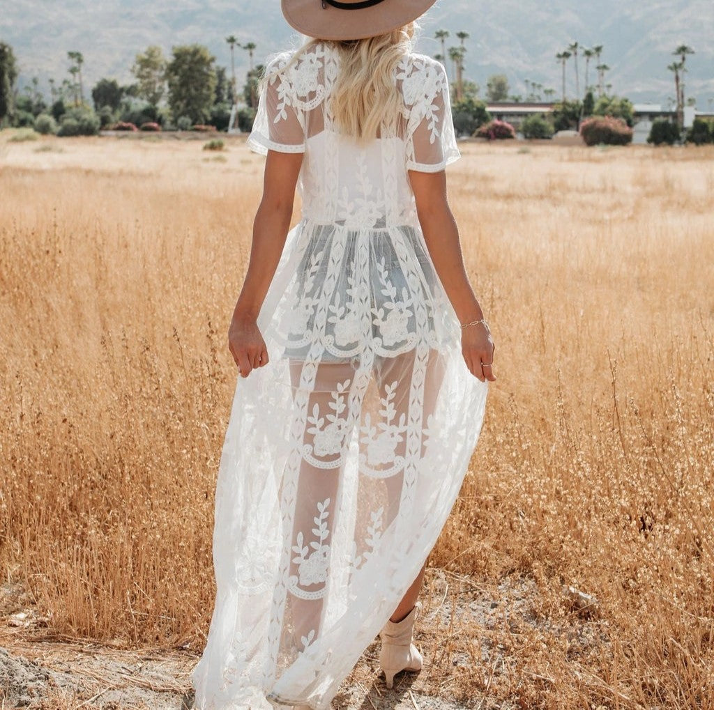Embroidered Sheer Lace Maxi Duster Cover Up - White - 1