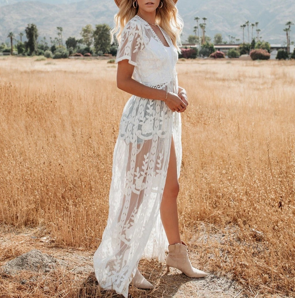 Embroidered Sheer Lace Maxi Duster Cover Up - White - 2
