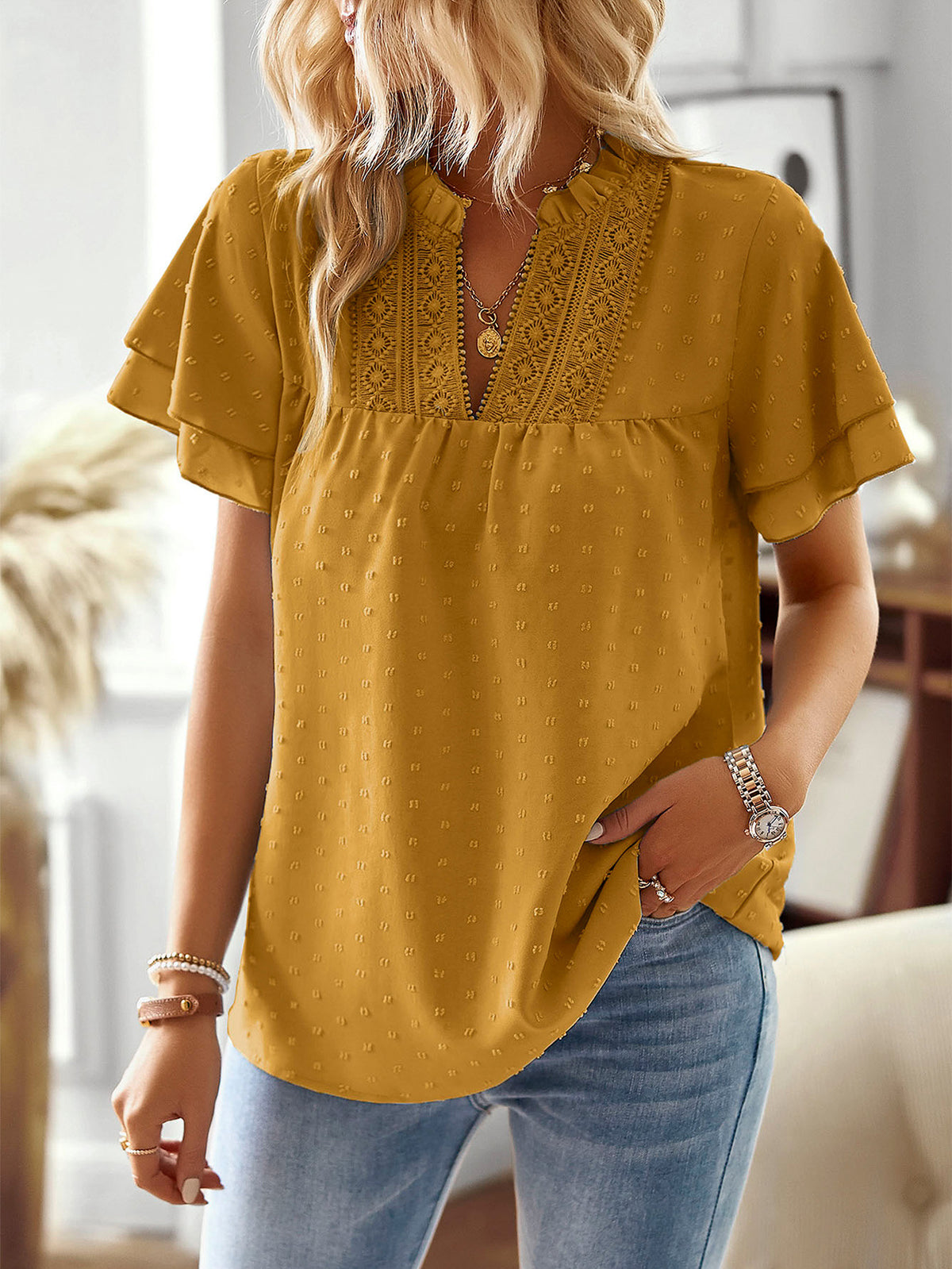 Split Neck Lace Yoke Flutter Sleeve Top - Yellow - 1