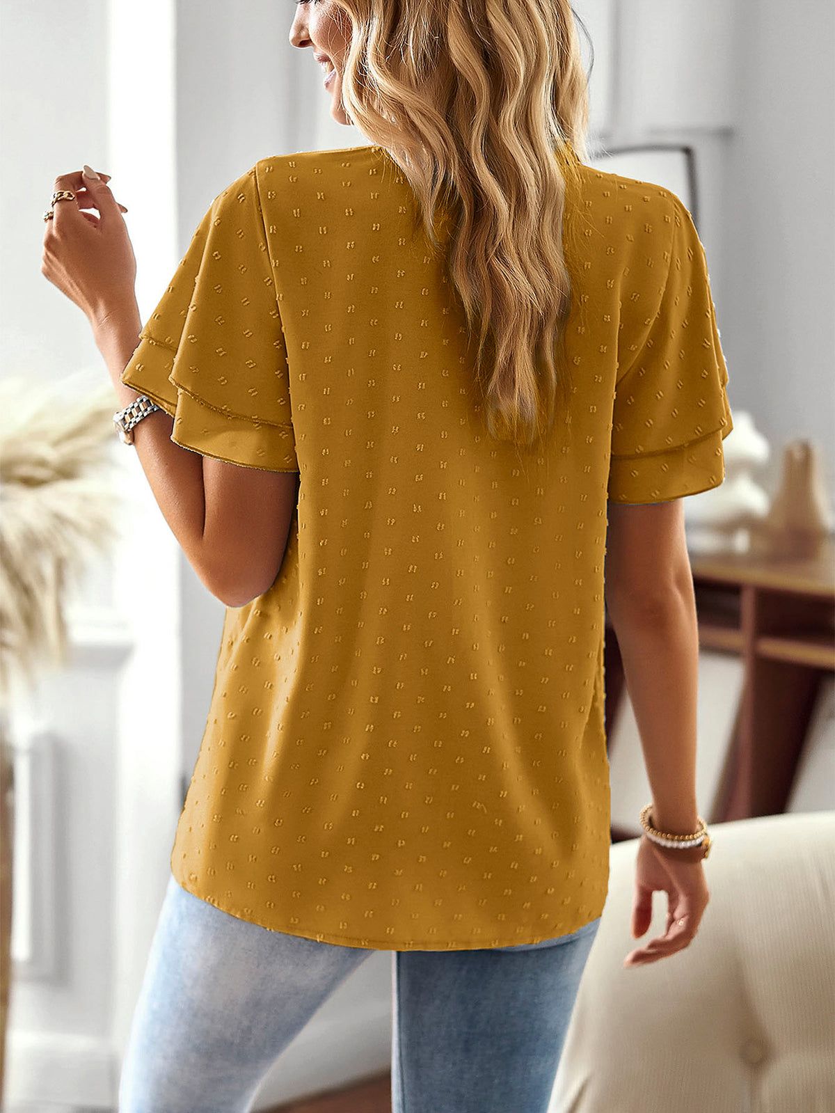 Split Neck Lace Yoke Flutter Sleeve Top - Yellow - 2