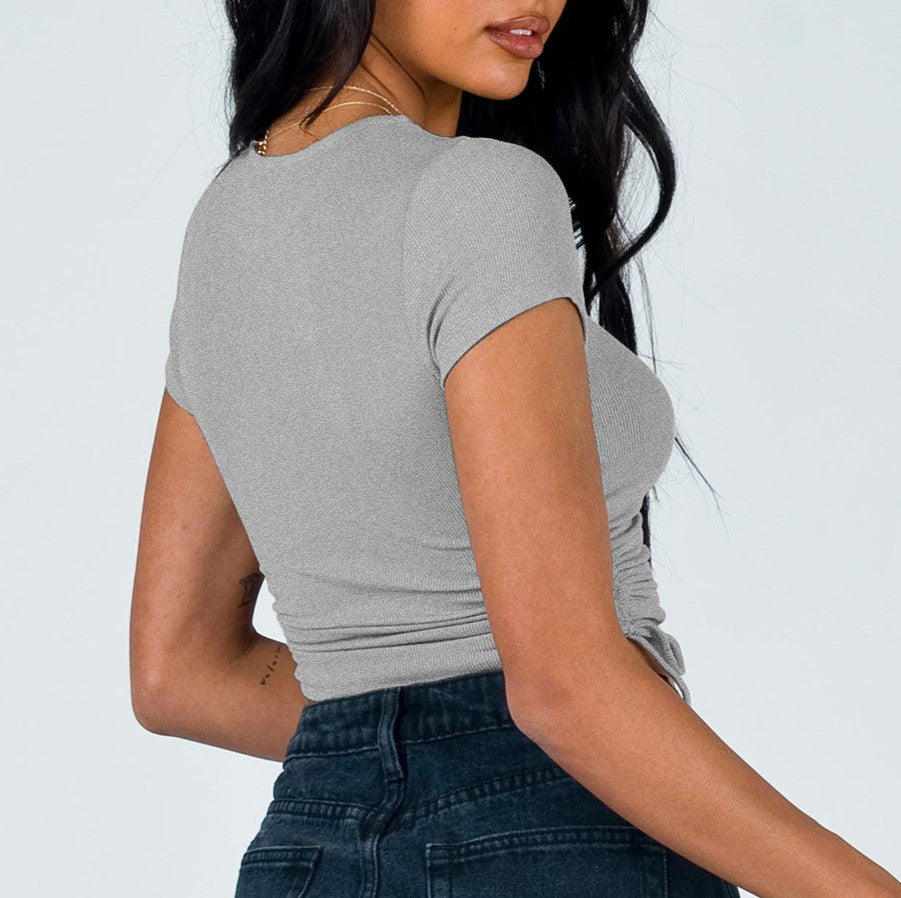 Ruched Side Drawstring Crop Tee - Grey - 2