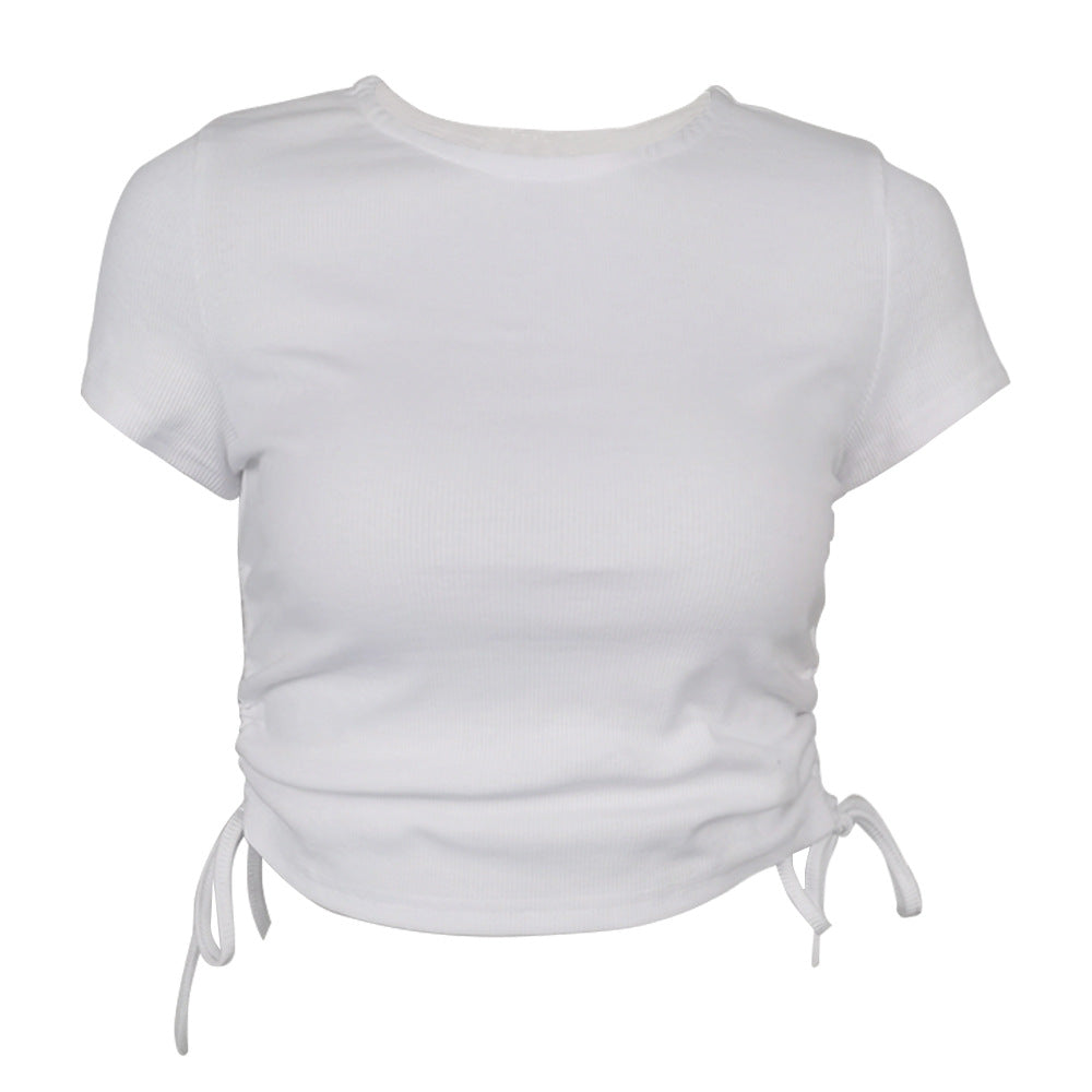 Ruched Side Drawstring Crop Tee - White - 2