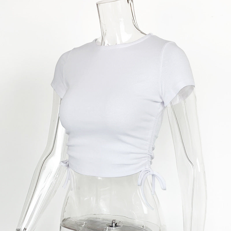 Ruched Side Drawstring Crop Tee - White - 3