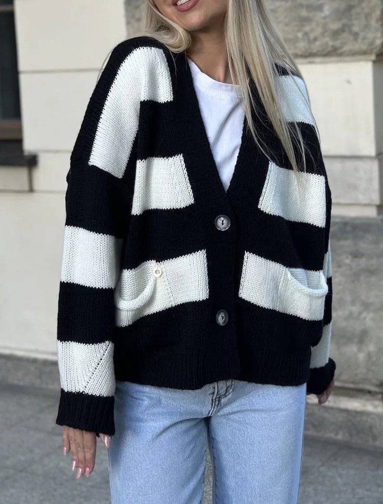 Wide Stripe Oversized V Neck Knit Cardigan - Black
