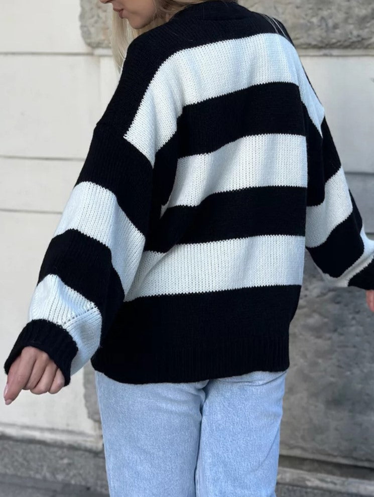 Wide Stripe Oversized V Neck Knit Cardigan - Black - 2