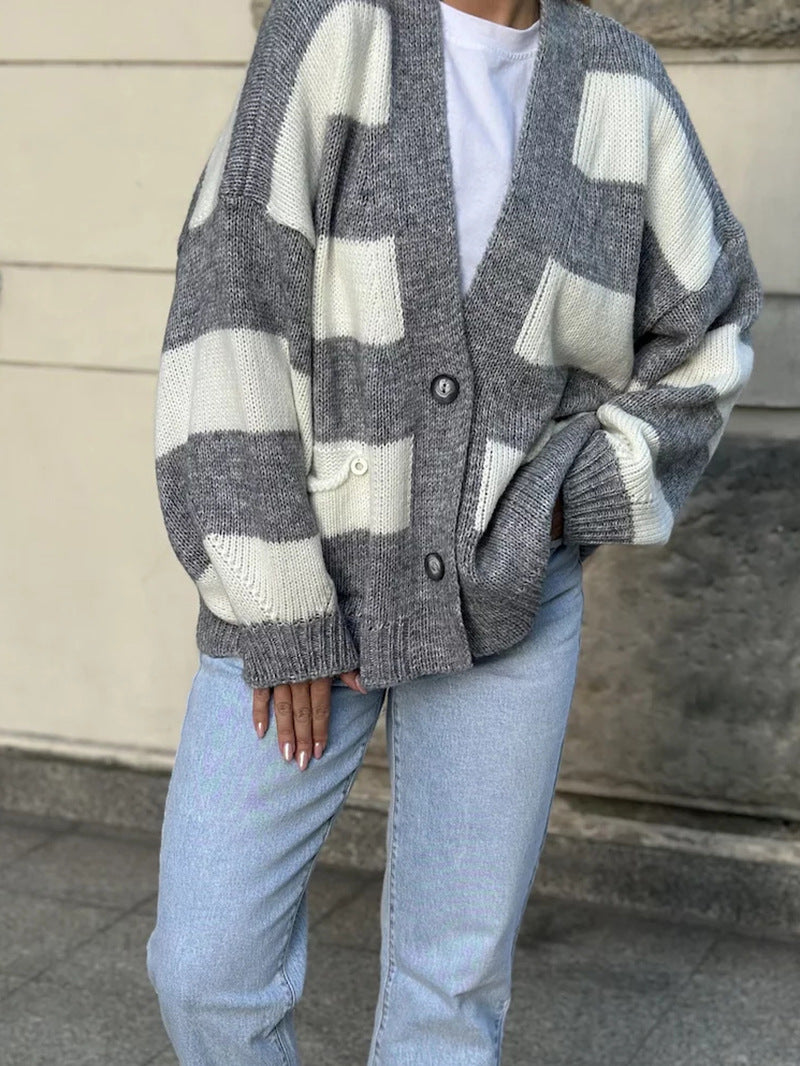 Wide Stripe Oversized V Neck Knit Cardigan - Grey