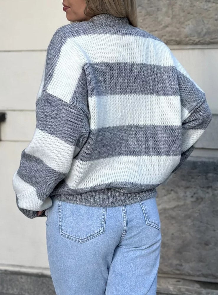 Wide Stripe Oversized V Neck Knit Cardigan - Grey - 2