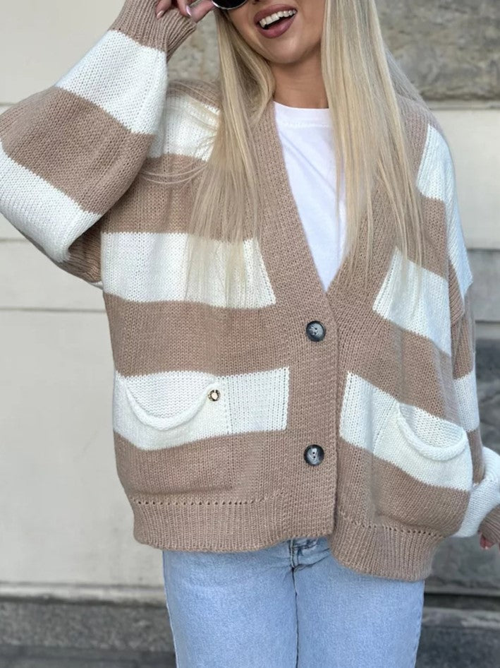Wide Stripe Oversized V Neck Knit Cardigan - Khaki