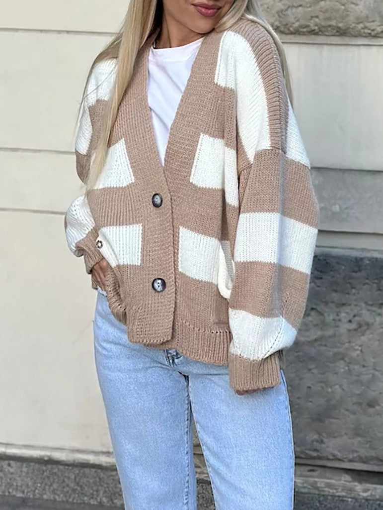 Wide Stripe Oversized V Neck Knit Cardigan - Khaki - 1