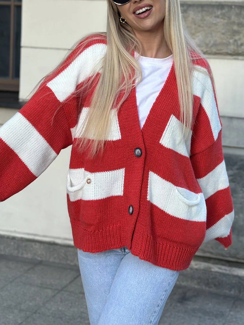 Wide Stripe Oversized V Neck Knit Cardigan - Red