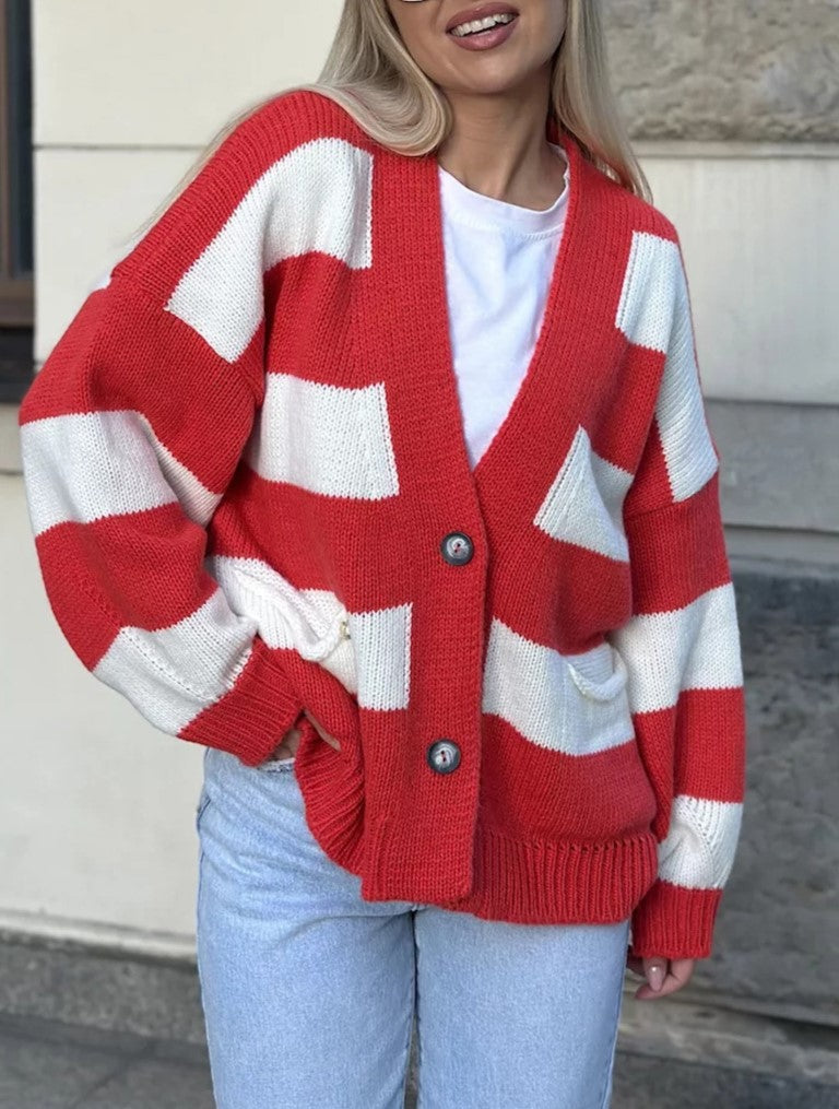 Wide Stripe Oversized V Neck Knit Cardigan - Red - 1