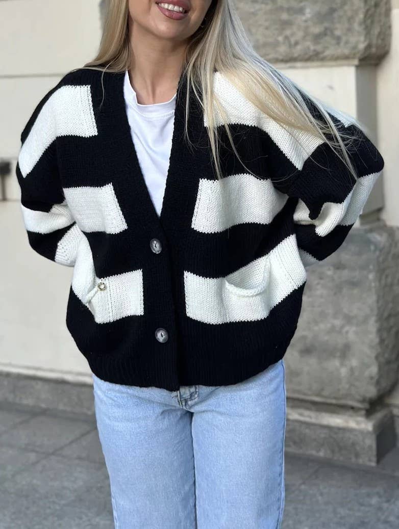Wide Stripe Oversized V Neck Knit Cardigan