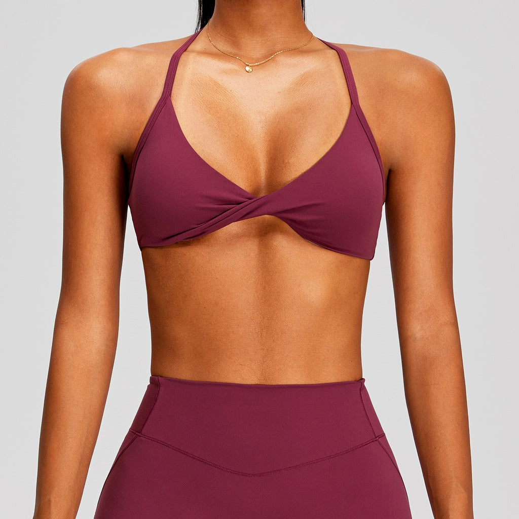 Twist Front Cross Back Brushed Yoga Sports Bra - Wine Red