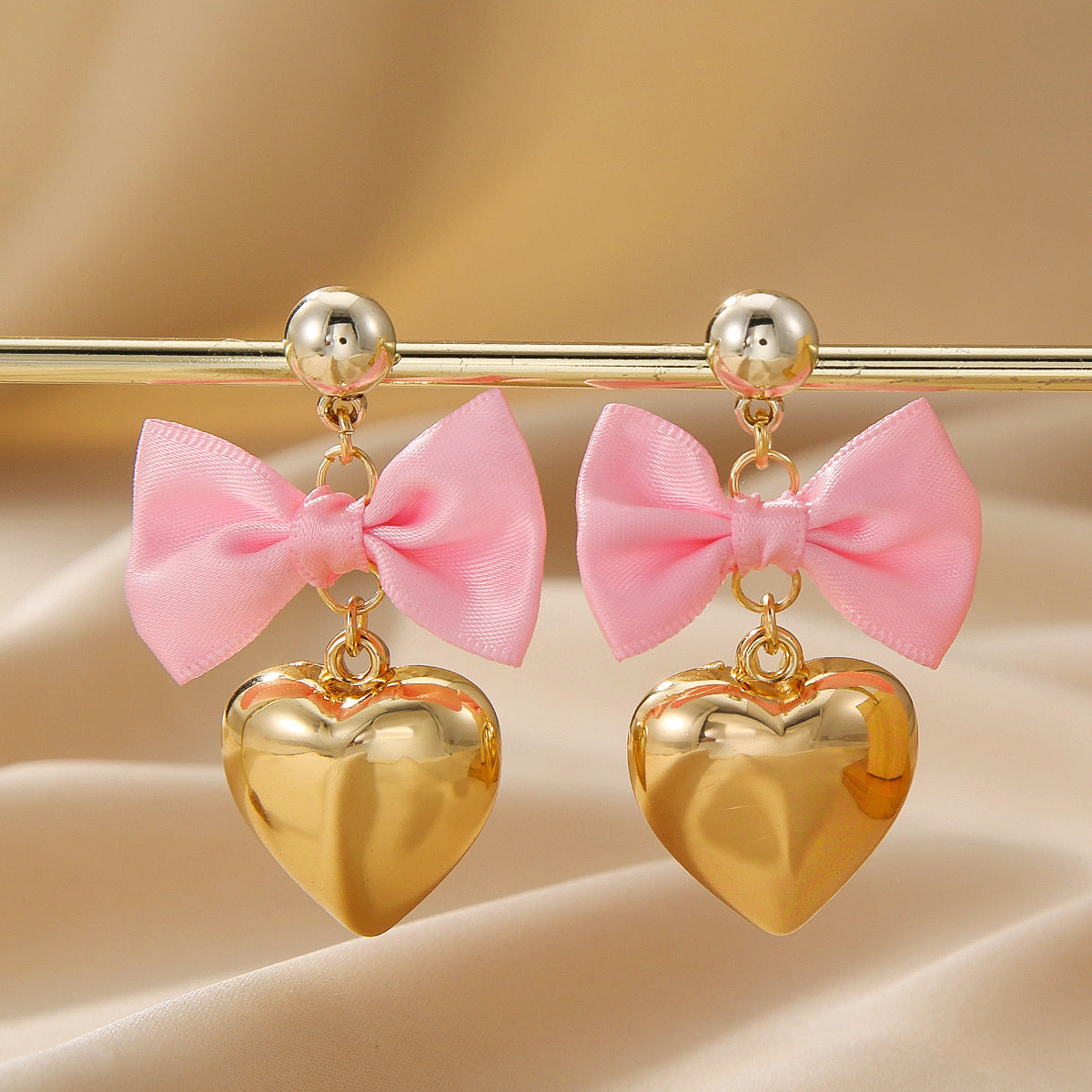 Ribbon Bow Puffed Heart Drop Earrings - Pink