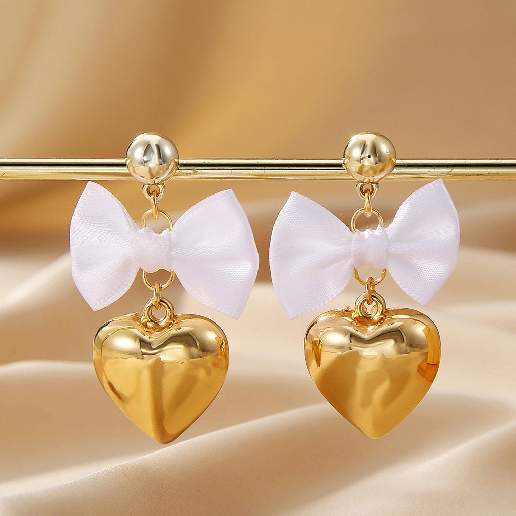 Ribbon Bow Puffed Heart Drop Earrings - White