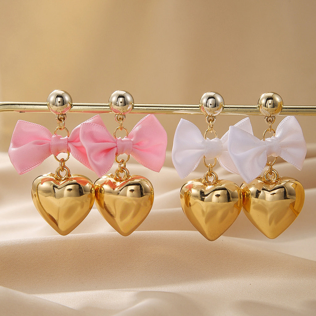 Ribbon Bow Puffed Heart Drop Earrings