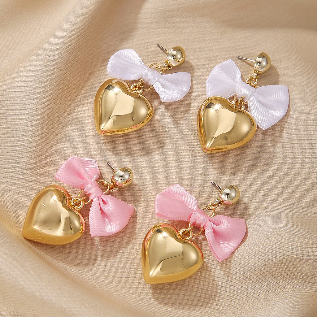 Ribbon Bow Puffed Heart Drop Earrings - view 1