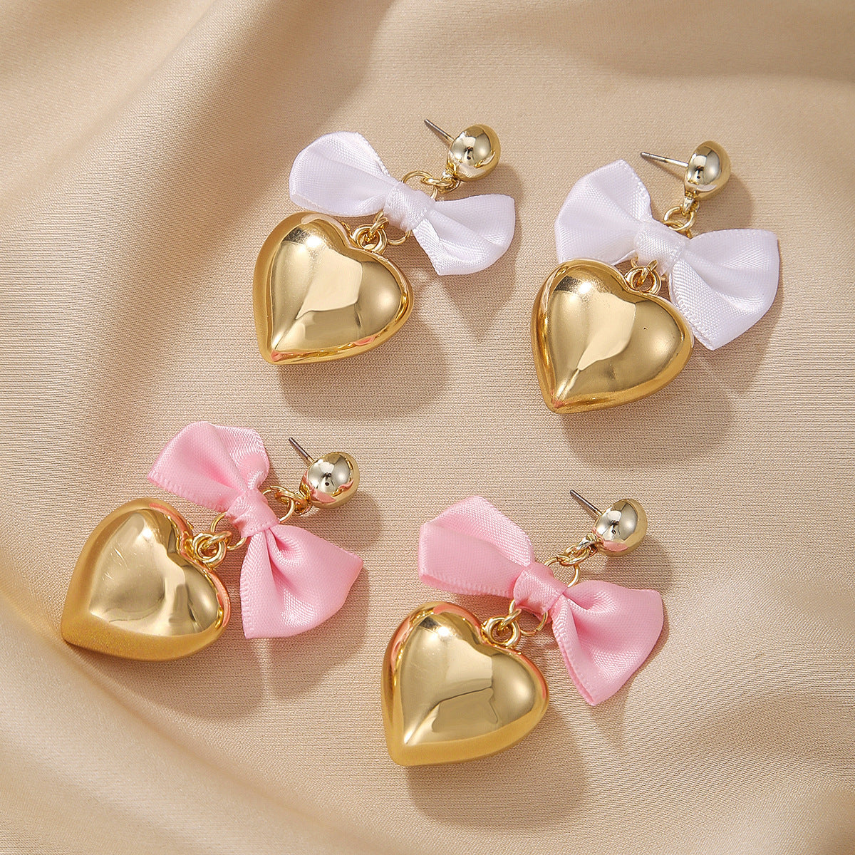 Ribbon Bow Puffed Heart Drop Earrings - view 1