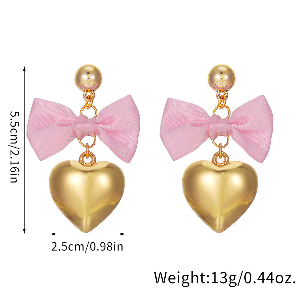 Ribbon Bow Puffed Heart Drop Earrings - view 2