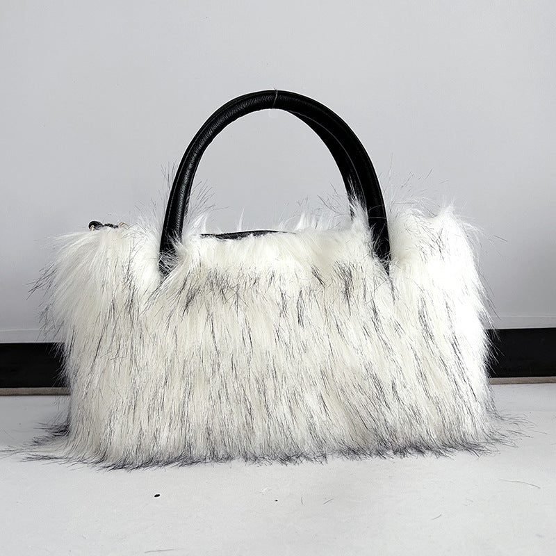 Fluffy Faux Fur Top Handle Shoulder Bag - BWhite