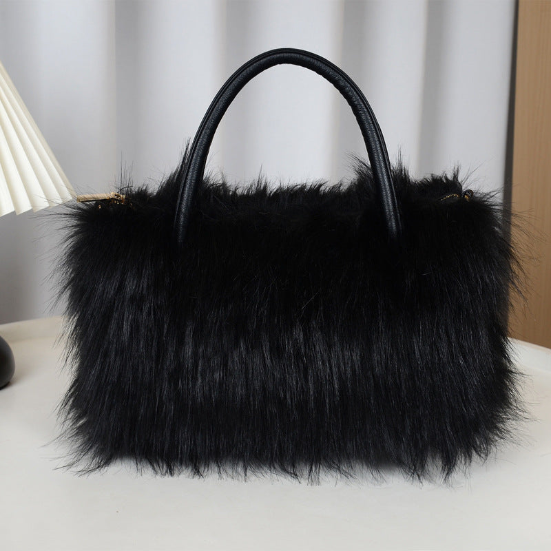 Fluffy Faux Fur Top Handle Shoulder Bag - Black